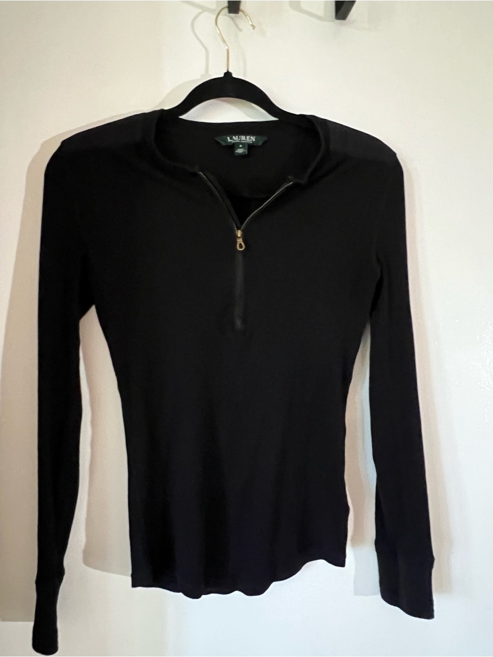 Lauren Ralph Lauren Black Ribbed Half-Zip Top with Gold Hardware